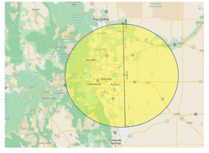 Map highlighting Denver area with a yellow circle, illustrating the geographic impact of GPS spoofing incidents relevant to network synchronization and security.