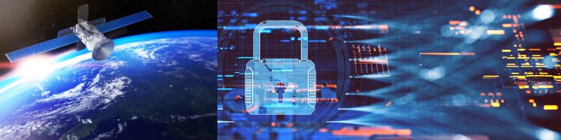 Satellite orbiting Earth with digital lock symbol, representing GPS security and protection against vulnerabilities in critical infrastructure.